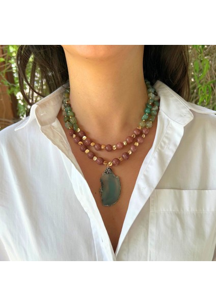 El Yapımı Yıldız Taşı ve Yeşim Doğal Taş Özel Tasarım Yeşim Doğaltaş Uçlu Kadın Ikili Kolye fırsatları