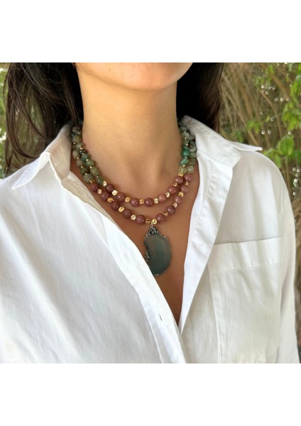 El Yapımı Yıldız Taşı ve Yeşim Doğal Taş Özel Tasarım Yeşim Doğaltaş Uçlu Kadın Ikili Kolye indirimleri