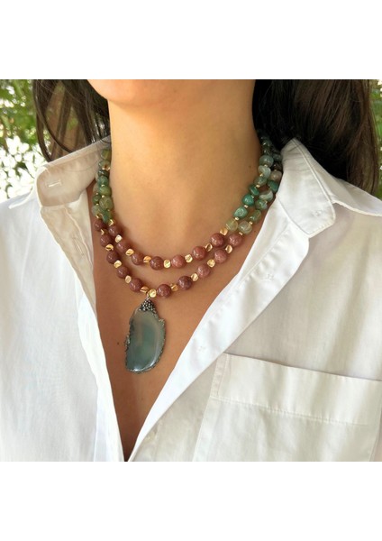 El Yapımı Yıldız Taşı ve Yeşim Doğal Taş Özel Tasarım Yeşim Doğaltaş Uçlu Kadın Ikili Kolye