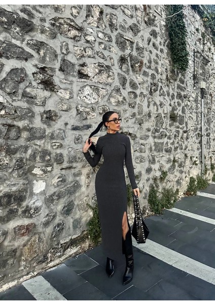 Mtxdpn Yırtmaçlı Kalın Bürümcük Uzun Elbise Siyah (Beden: L)