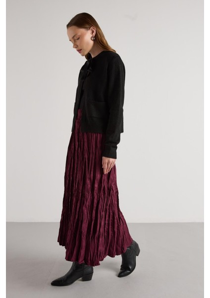 Süet Kraşlı Uzun Etek Bordo