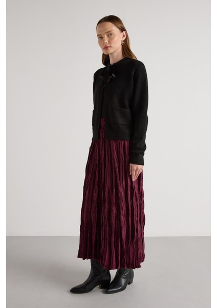 Süet Kraşlı Uzun Etek Bordo