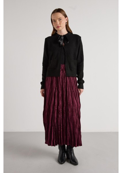 Süet Kraşlı Uzun Etek Bordo