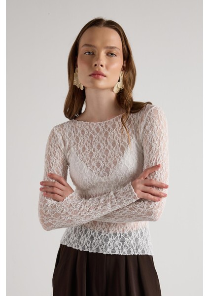 Bisiklet Yaka Dantelli Bluz Ekru modelleri