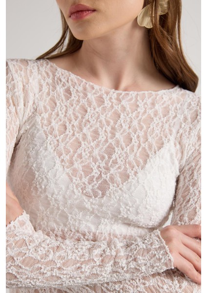 Bisiklet Yaka Dantelli Bluz Ekru