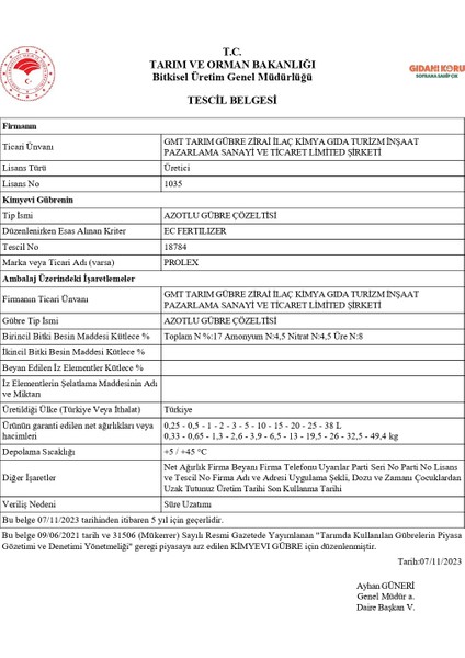 Prolex 1 Lt – Hızlı Yeşil Aksam, Boy ve Yaprak Gelişimi Sağlayan Azotlu Sıvı Gübre fiyatları
