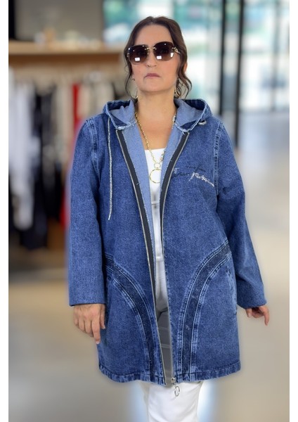 Kapüşonlu Taş Işleme Detaylı Ekstra Battal Büyük Beden Denim Kot Ceket