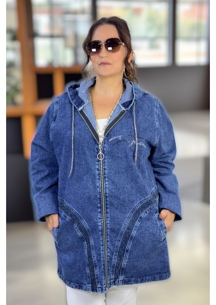 Kapüşonlu Taş Işleme Detaylı Ekstra Battal Büyük Beden Denim Kot Ceket modelleri