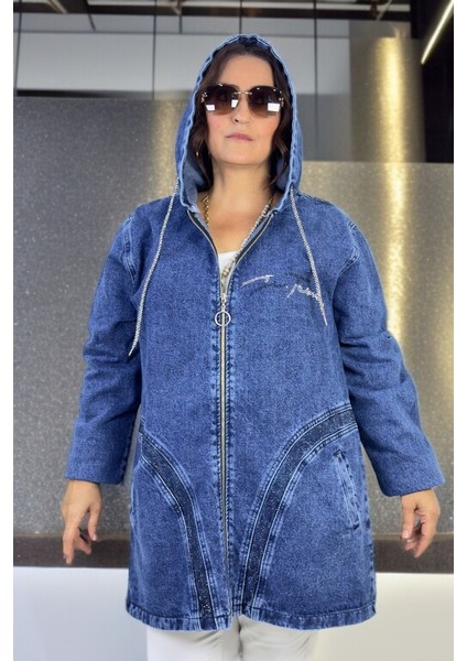 Kapüşonlu Taş Işleme Detaylı Ekstra Battal Büyük Beden Denim Kot Ceket fırsatları