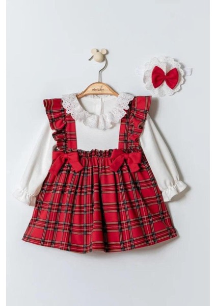 Kız Bebek Yılbaşı Konsept Kırmızı Beyaz Ekose Elbise