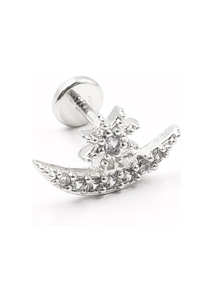 Ay Yıldız Figürlü Zirkon Taşlı Gümüş Tragus Helix Piercing | Anti Alerjik, Kararma Yapmaz