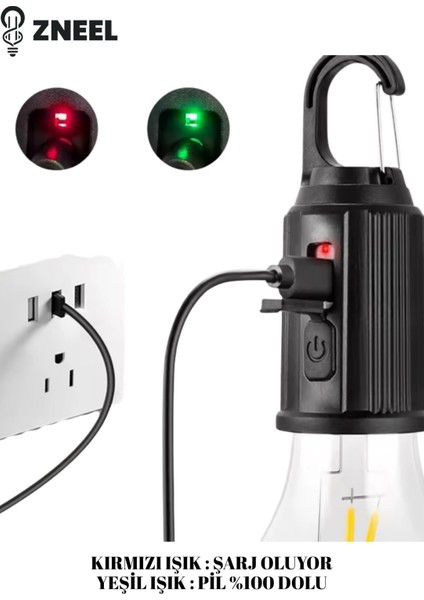 (2 ADET)A60 Model Portatif Kamp Ampulü – Şarjlı, Kancalı, 3 Kademe Işık, Type-C Kablo Hediyeli