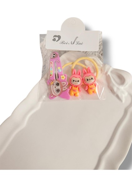 Labubu Figürlü Mineli Karışık Renk Çıtçıt ve 2li Lastik Kız Çocuk Set Toka