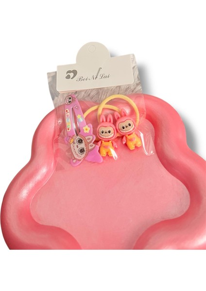 Labubu Figürlü Mineli Karışık Renk Çıtçıt ve 2li Lastik Kız Çocuk Set Toka modelleri