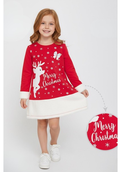Kız Çocuk Yılbaşı Konsept Penye Elbise Siluet Geyik