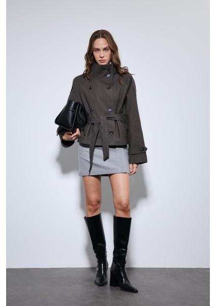 Kahve Dik Yaka Kruvaze Trençkot