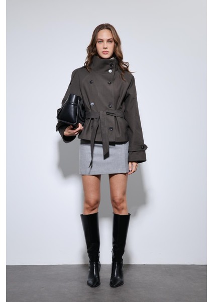 Kahve Dik Yaka Kruvaze Trençkot fiyatları