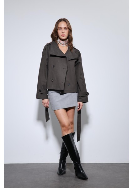 Kahve Dik Yaka Kruvaze Trençkot fırsatları