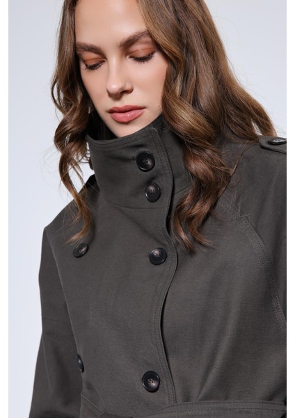Kahve Dik Yaka Kruvaze Trençkot