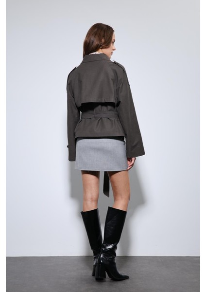 Kahve Dik Yaka Kruvaze Trençkot