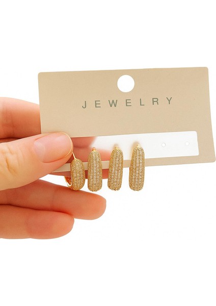 Vıp Gold Kaplama Gömme Taşlı Küpe Seti 4 Adet