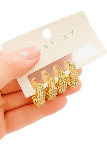 Vıp Gold Kaplama Gömme Taşlı Küpe Seti 4 Adet modelleri