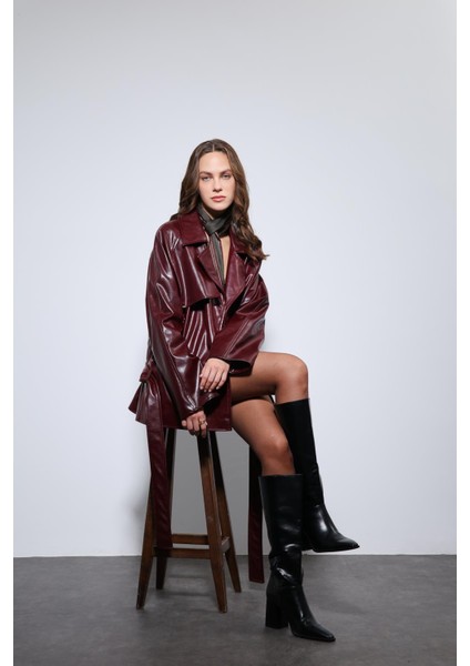 Bordo Suni Deri Kemerli Trençkot