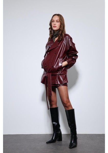 Bordo Suni Deri Kemerli Trençkot fiyatları