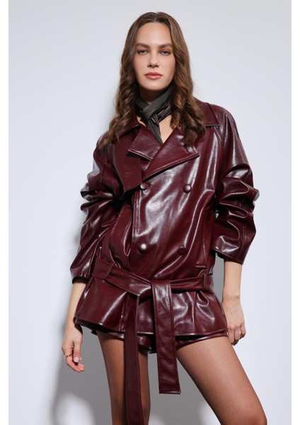 Bordo Suni Deri Kemerli Trençkot modelleri