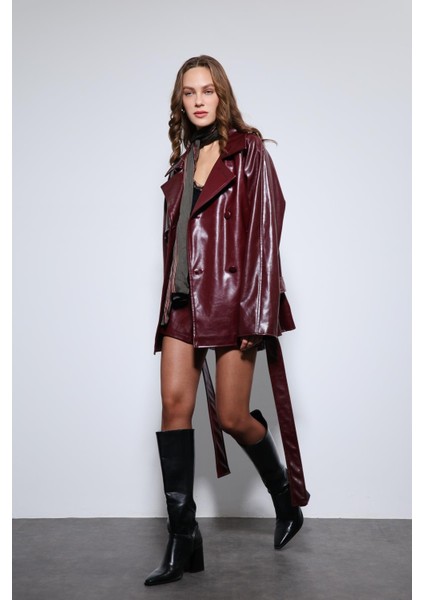 Bordo Suni Deri Kemerli Trençkot fırsatları