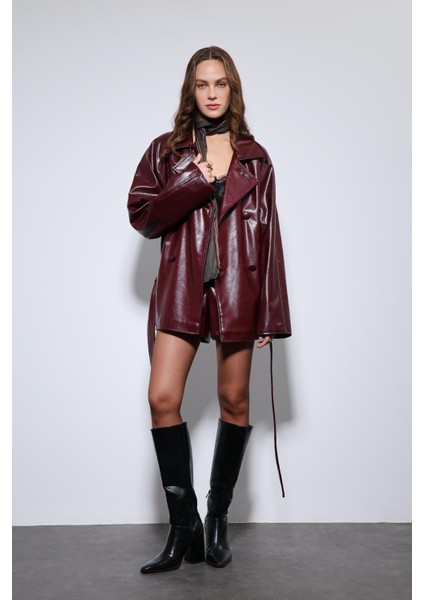 Bordo Suni Deri Kemerli Trençkot indirimleri