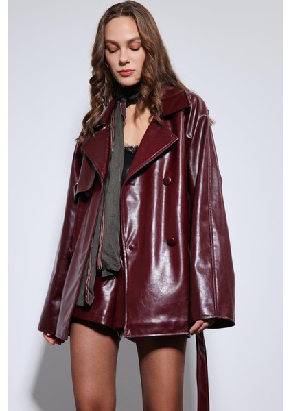 Bordo Suni Deri Kemerli Trençkot