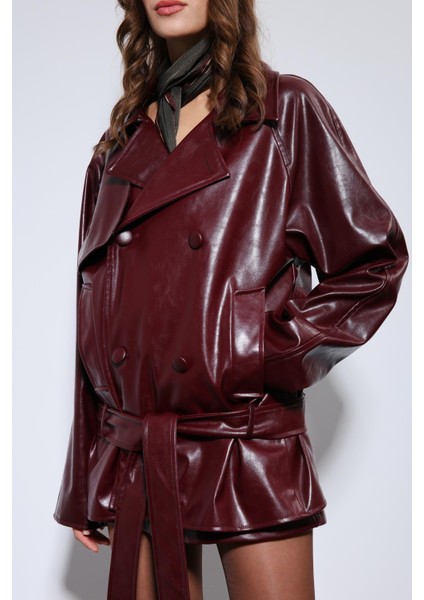 Bordo Suni Deri Kemerli Trençkot