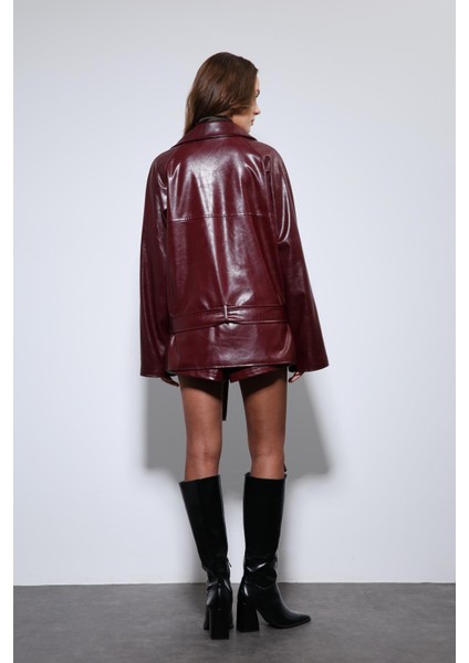 Bordo Suni Deri Kemerli Trençkot