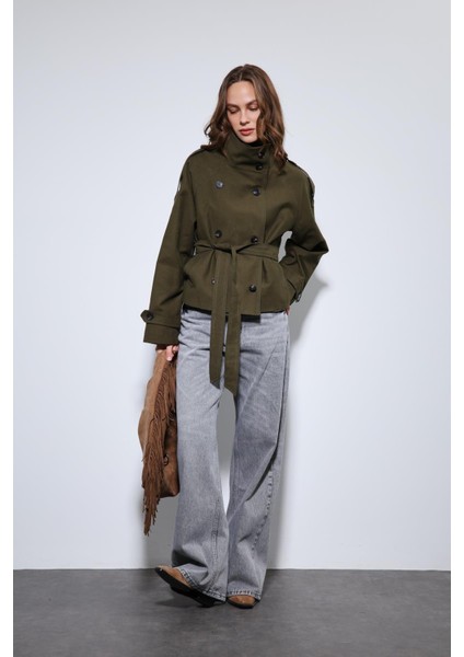 Haki Dik Yaka Kruvaze Trençkot fırsatları