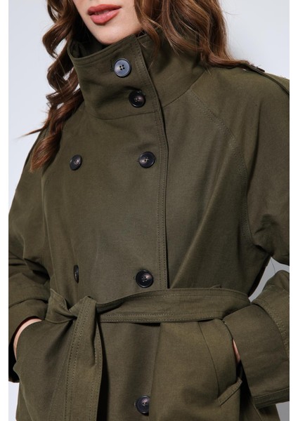 Haki Dik Yaka Kruvaze Trençkot