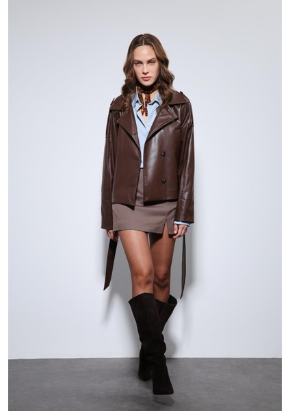 Kahve Kemerli Suni Deri Mont fiyatları