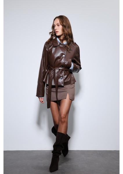 Kahve Kemerli Suni Deri Mont fırsatları