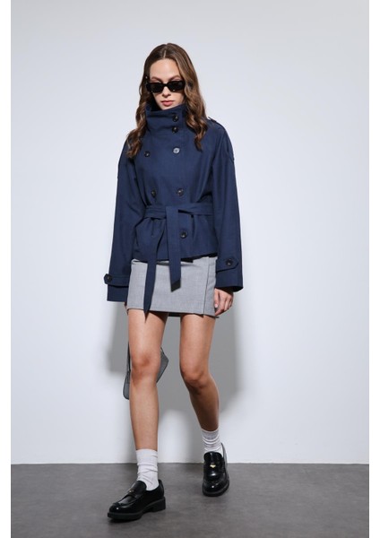 Lacivert Dik Yaka Kruvaze Trençkot