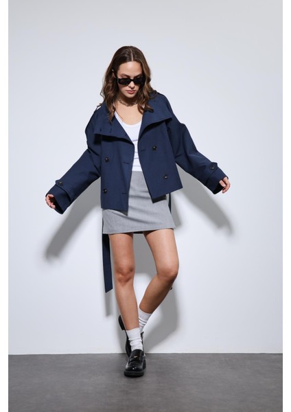 Lacivert Dik Yaka Kruvaze Trençkot fiyatları
