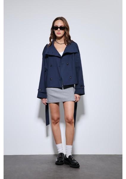 Lacivert Dik Yaka Kruvaze Trençkot modelleri