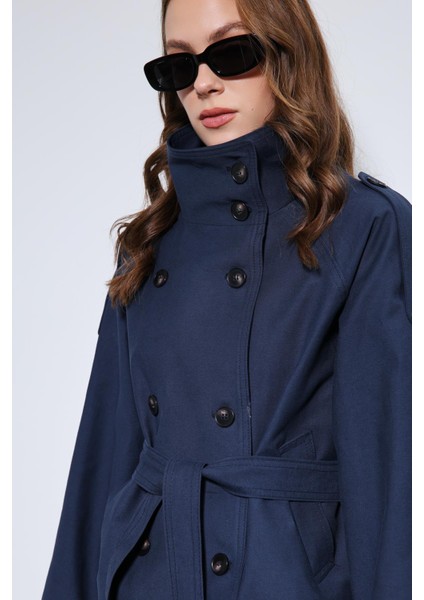 Lacivert Dik Yaka Kruvaze Trençkot