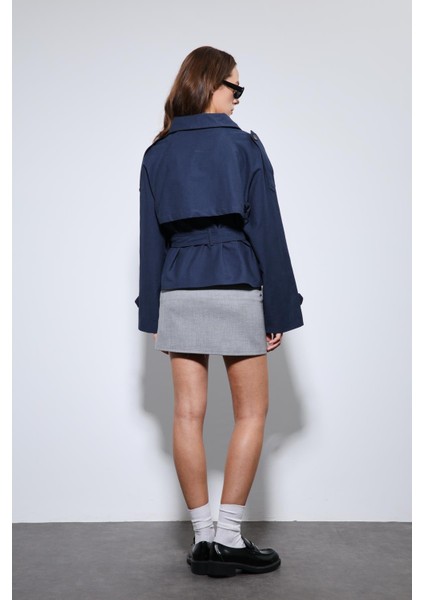 Lacivert Dik Yaka Kruvaze Trençkot