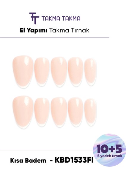 15'li Ten Rengi Kısa Badem KBD1533FI Tekrar Kullanılabilir El Yapımı Protez Takma Tırnak - Ten Rengi-L