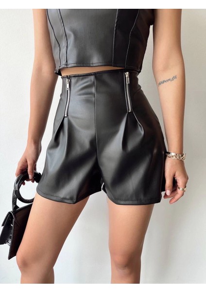 Mtxdpn Çift Fermuarlı Deri Şort H24394 Siyah (Beden: S)