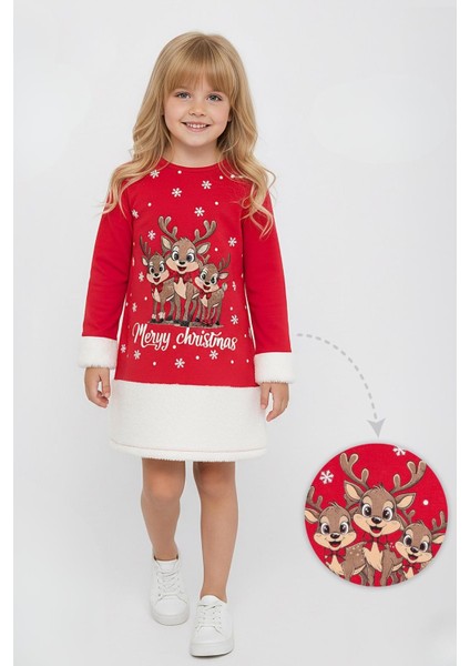 Kız Çocuk Yılbaşı Konsept Penye Elbise Tatlı Geyikler