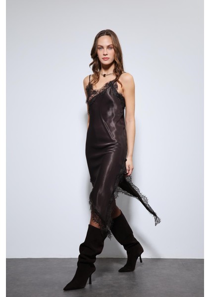 Kahve Asimetrik Dantel Elbise modelleri