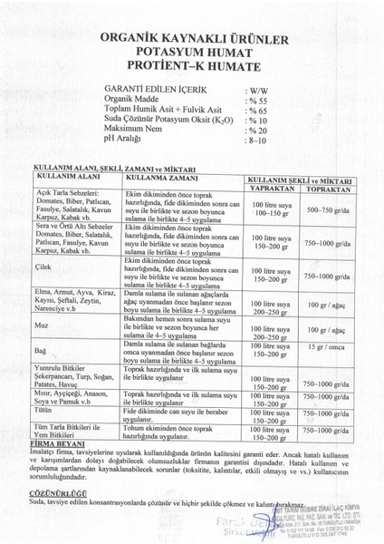 Protıent K-Humate – Yüksek Çözünürlük, Hızlı Etki – Potasyum Humat %100 Suda Çözünür Organik Madde Kaynağı 5 kg fiyatları