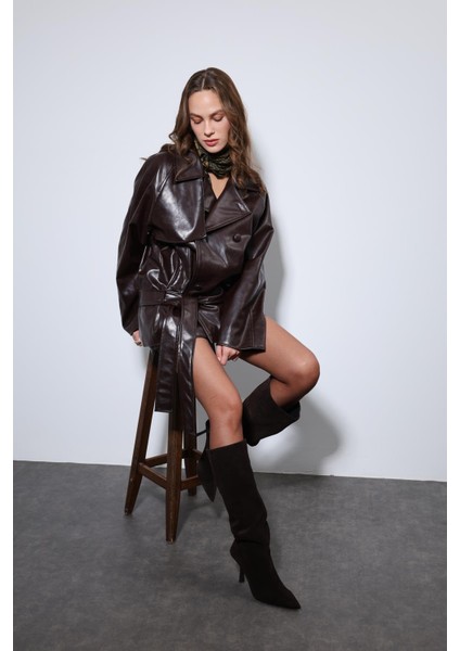 Kahve Suni Deri Kemerli Trençkot