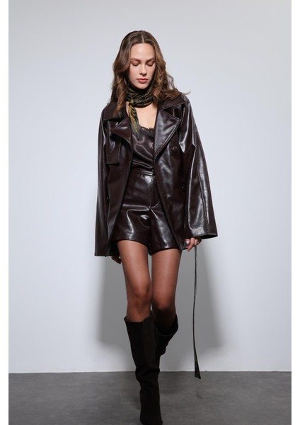 Kahve Suni Deri Kemerli Trençkot modelleri